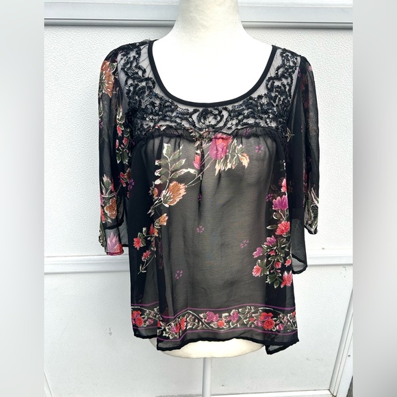 Angie Top Women S Black Multi Floral Sheer Sequined Whimsigoth Boho Fairy - Picture 9 of 10